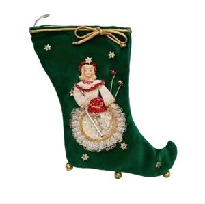 Angel Handmade Vintage Christmas Stocking Green Velvet White Silky Lining
